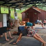 Pilates coach Leonard Lubbe shows his class how to stand on their hands and feet outstretched