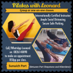 Poster showing a woman on the floor reaching for her feet in one picture, and a group of people on the floor reaching for their feet in another picture, while having a Pilates class with coach Leonard in Sunwich Port