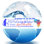 Blue wave curling over label of Agua e Vida which is floating upward in a pool of water with Africa outlined under the water