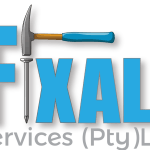 Blue logo on white background with hammer to advertise Fixall Services in Westville