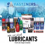 White poster with blue inlay on which there are many pictures of different lubricants from SA Fasteners