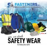 White poster with blue inlay on which there are pictures of black safety boots, orange and green safety hats, yellow and blue safety jackets, gloves plus more safety clothes from SA Fasteners