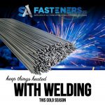 Poster with black background shows grey welding rods on a blue inlay with words that SA Fasteners sell welding rods