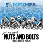 White poster with pictures of different sized nuts and bolts on a blue background to advertise SA Fasteners Durban