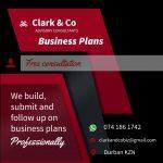 Black poster with red documents and words to advertise Clark and Co build business plans