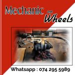 Poster with red and white background showing a car engine to advertise Mechanic on Wheels in Durban