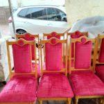 Six wooden dining room chairs reupholstered in pink curduroy by Indlu Yegagu