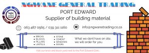 Banner for Mbalenhle Ngwane General Trading Port Edward shows a list of material on offer in the middle and a wall of bricks on the right of the page