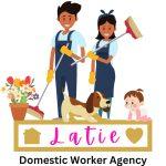 This company logo consists of an animated picture showing a man holding a rake, and a lady holding a bro m. In front of them, is a baby crawling towards a dog. Behind the dog, is a pot of flowers. Beneath them, is a sign board with words advertising Latie Domestic Workers Agency.