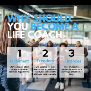 Poster with dark background showing bold writing in blue and white in the top section and three white rectangles below that with the benefits of being a life coach written inside them